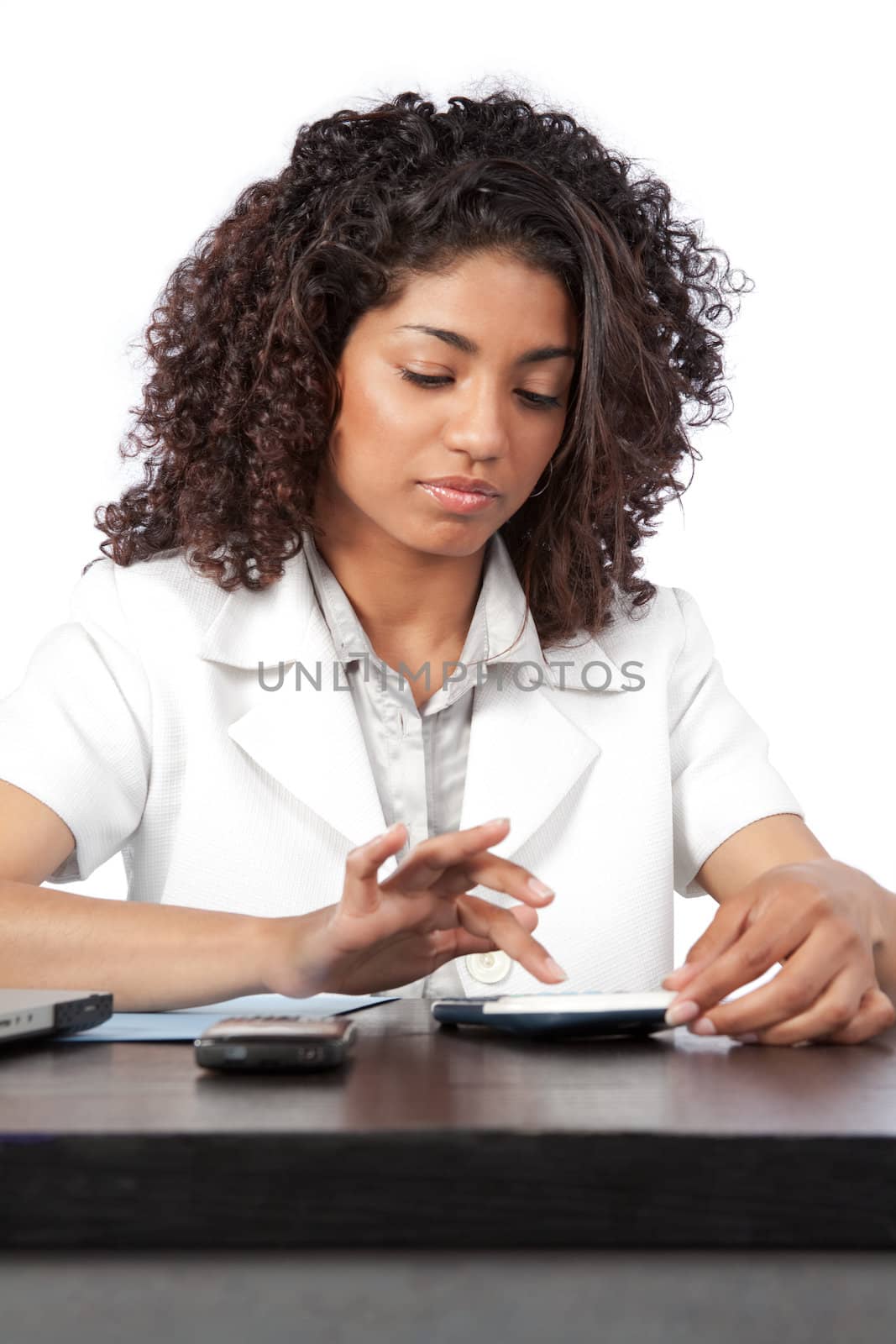 Portrait of female doctor using digital tablet at work isolated on white background.