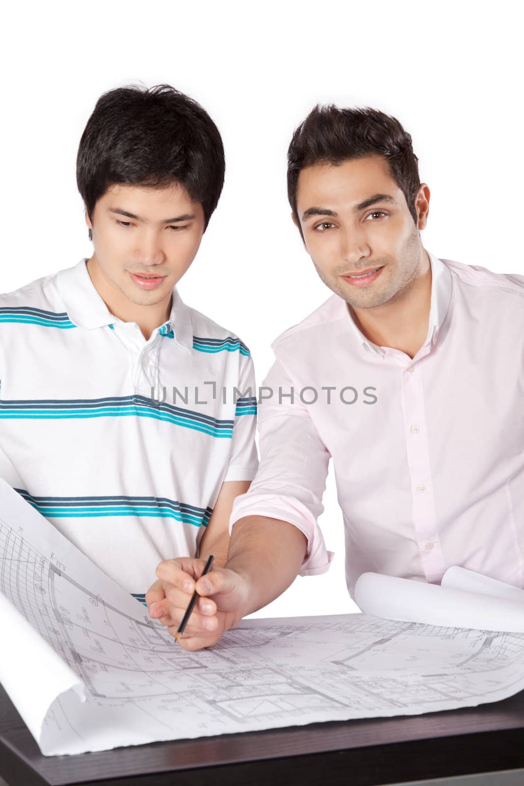 Two architects discussing on blueprints isolated on white background.
