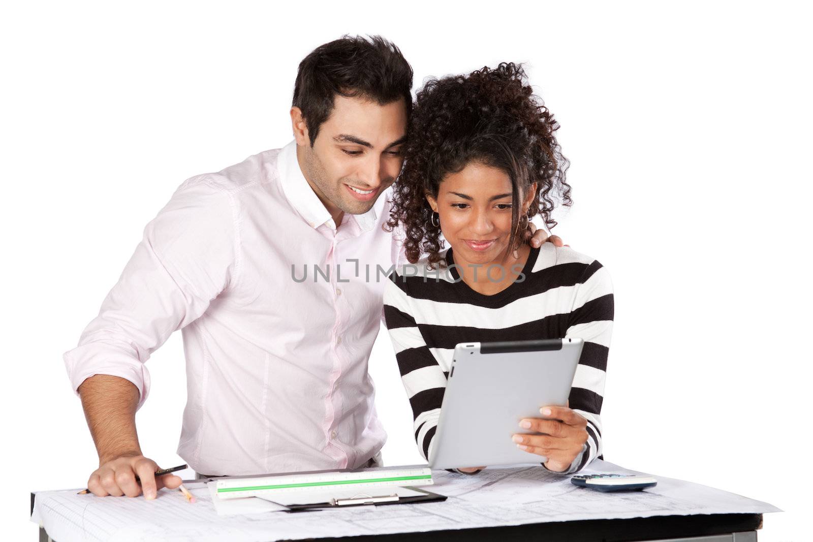 Two architects using digital tablet at work isolated on white background.