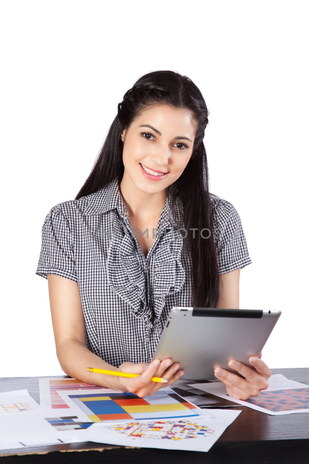 Young architect woman  at work isolated on white background.