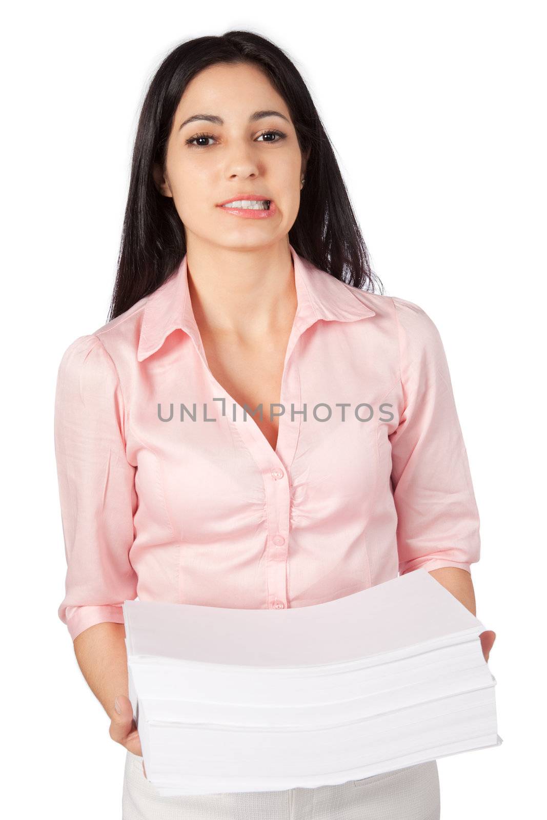 Woman holding a big pile of paper work isolated on white background.