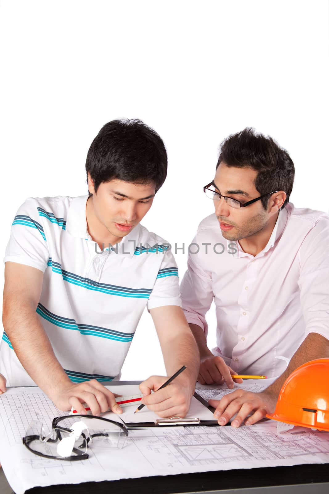 Two Architects Discussing on Blueprints by leaf
