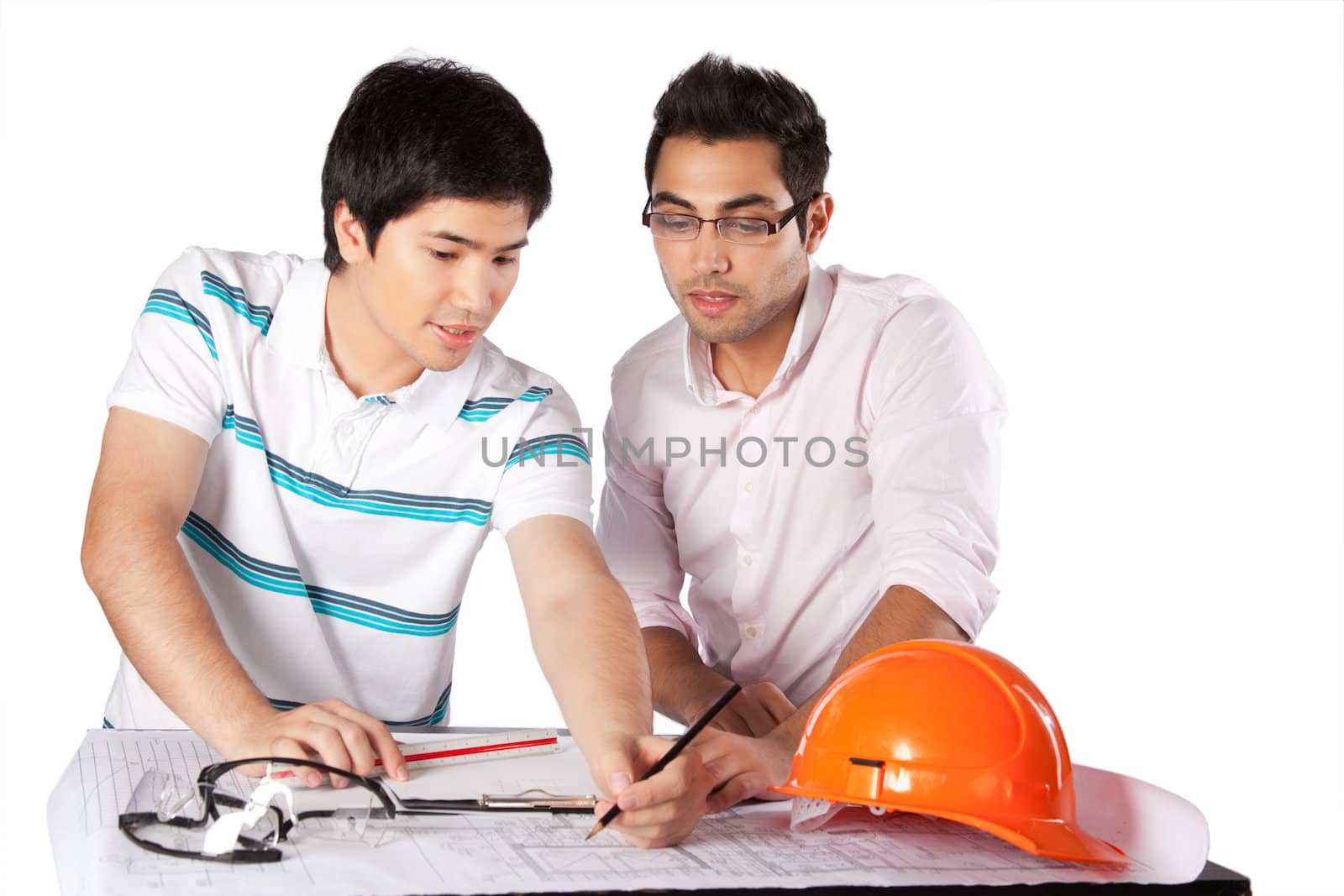 Two architects discussing on blueprints isolated on white background.