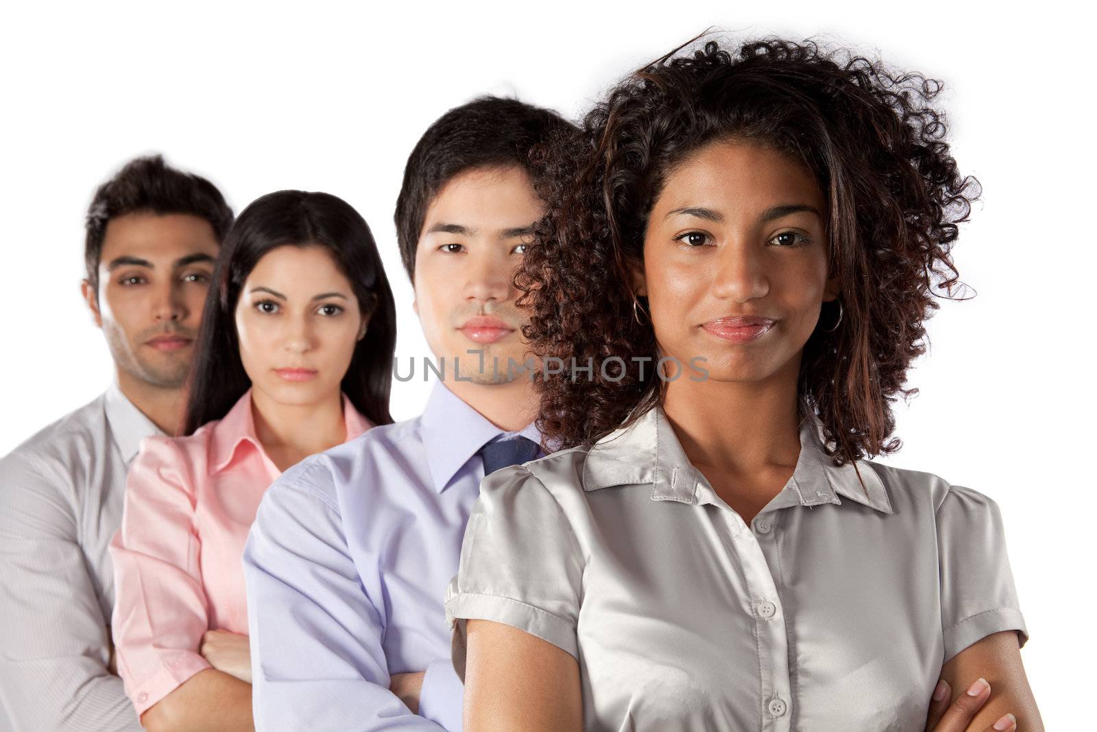 Multiethnic group of businesspeople isolated on white background.