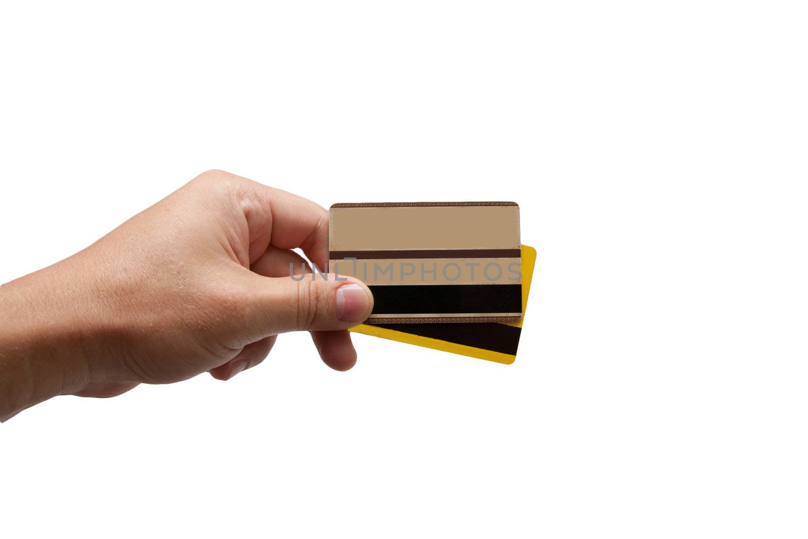  two credit cards in hand isolated on white background 