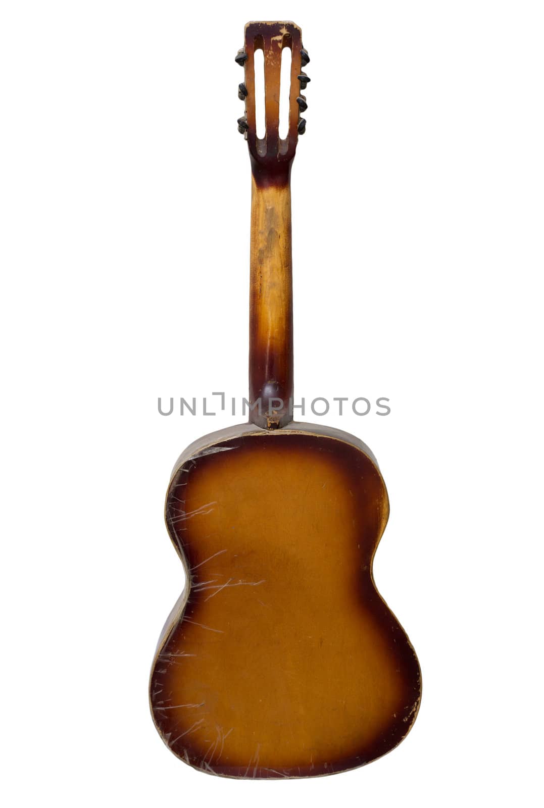 old wooden guitar on white background