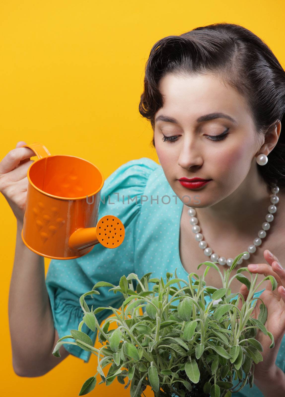Pretty woman watering plants, retro style