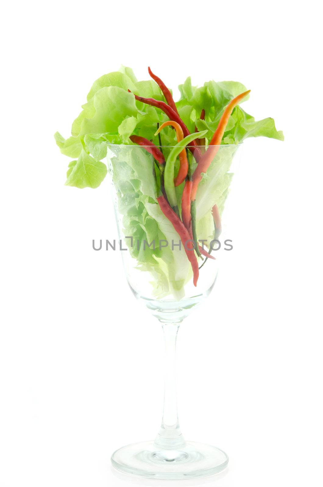 fresh mix chili and lettuce  in glass on white background