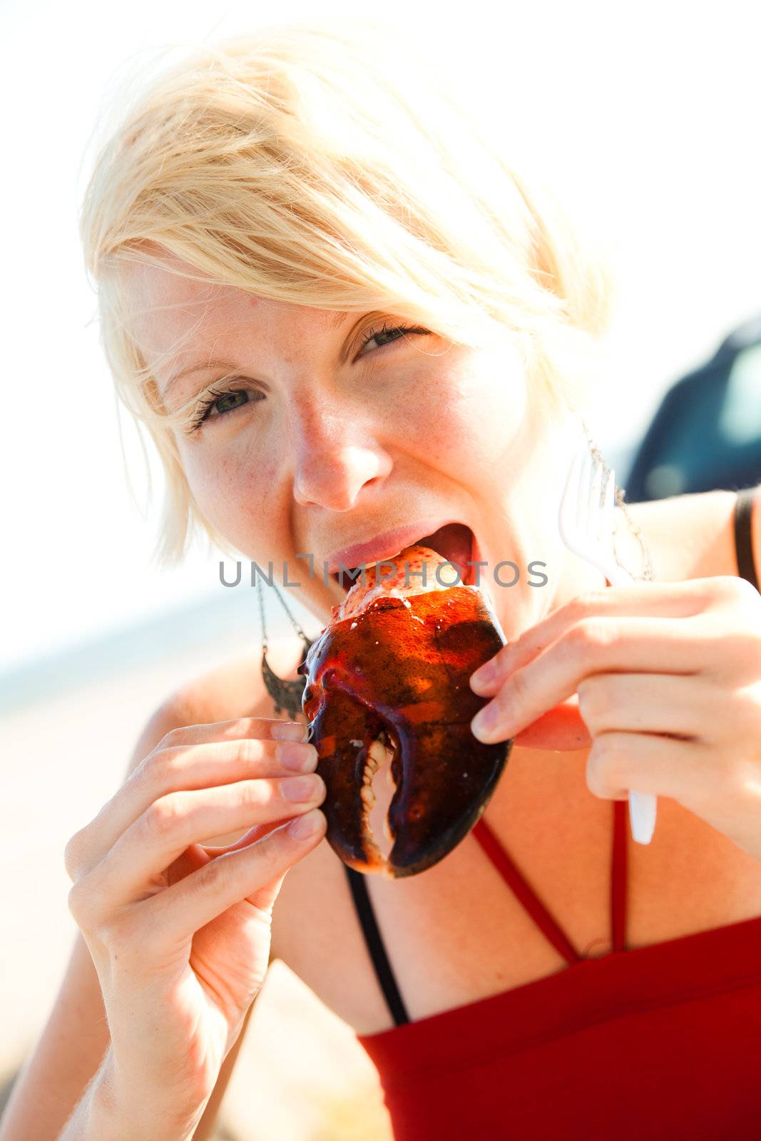 Girl eats lobster claw outdoor on a dinning table with sunlight