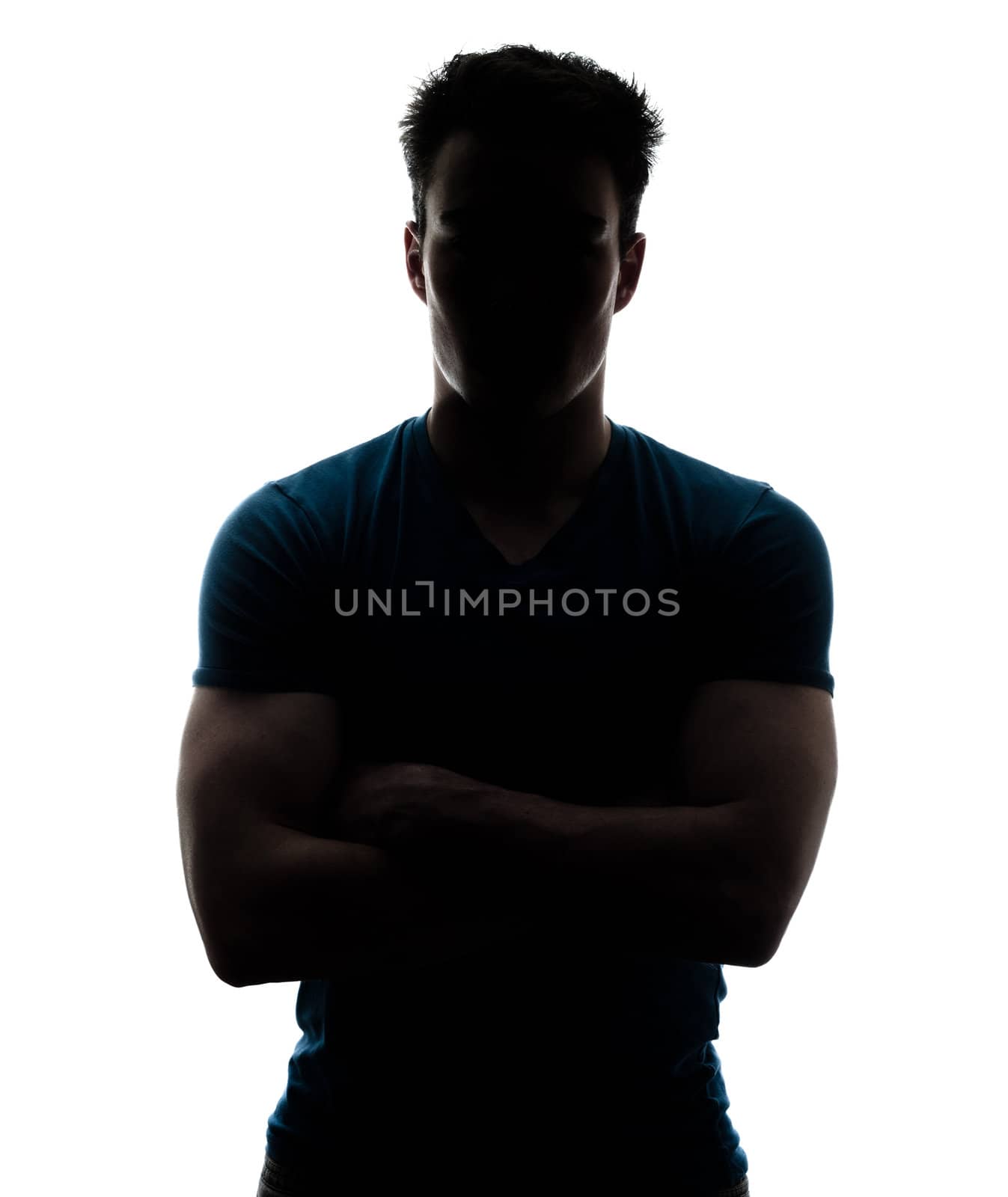 Male figure in silhouette looking at the camera isolated on white background