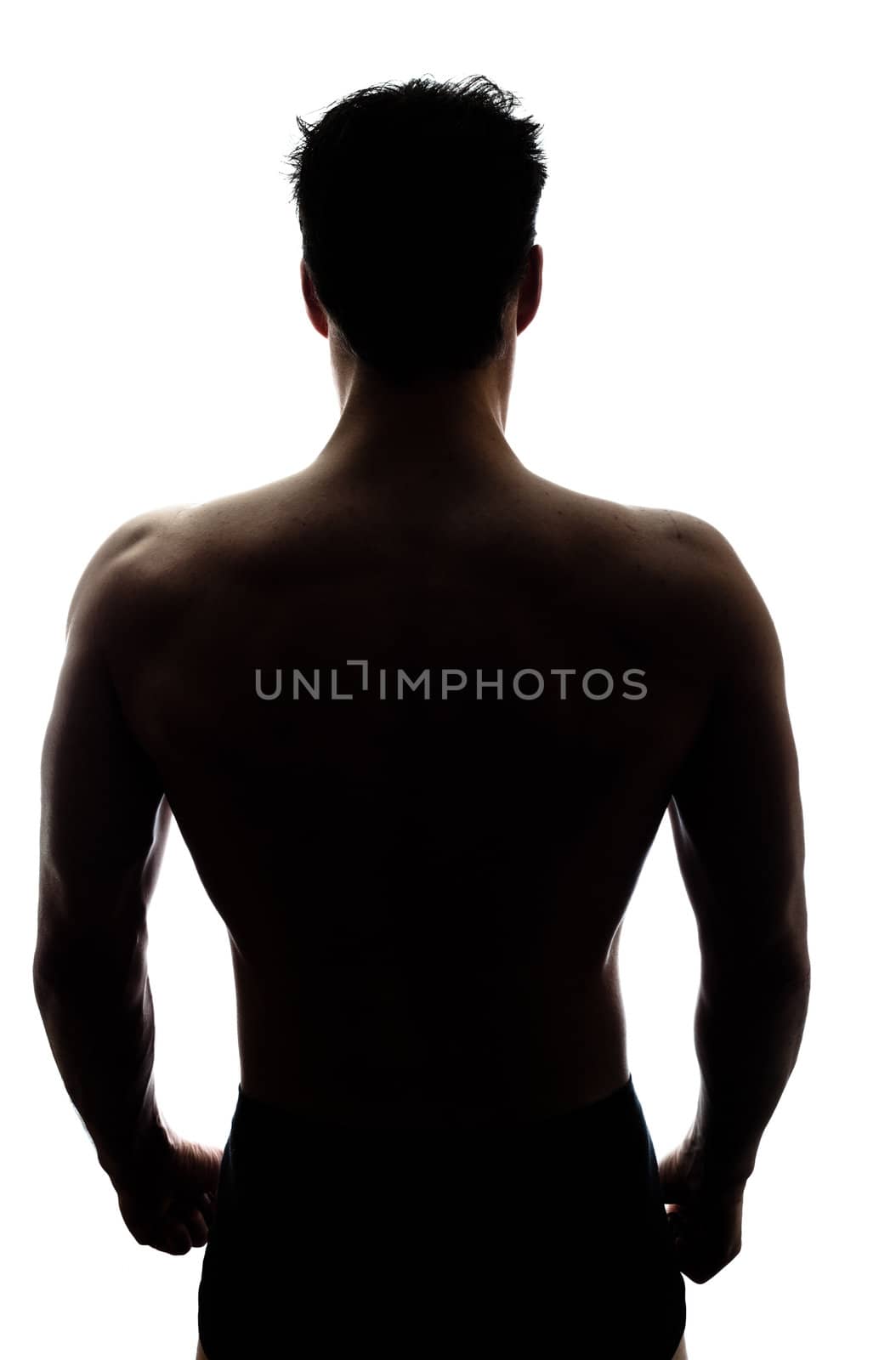 Muscular man's back in silhouette isolated on white background