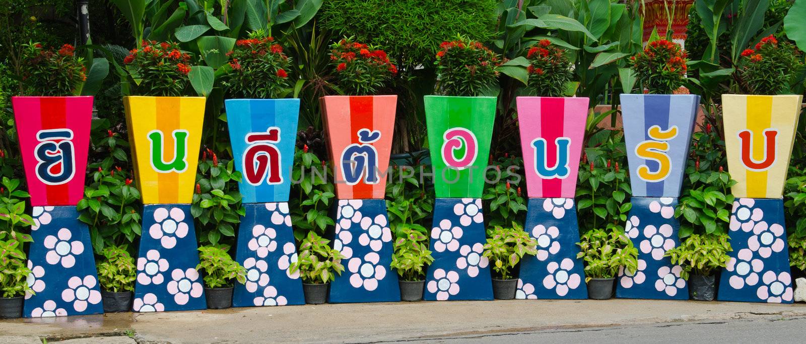 welcome sign word on colorful flower pots