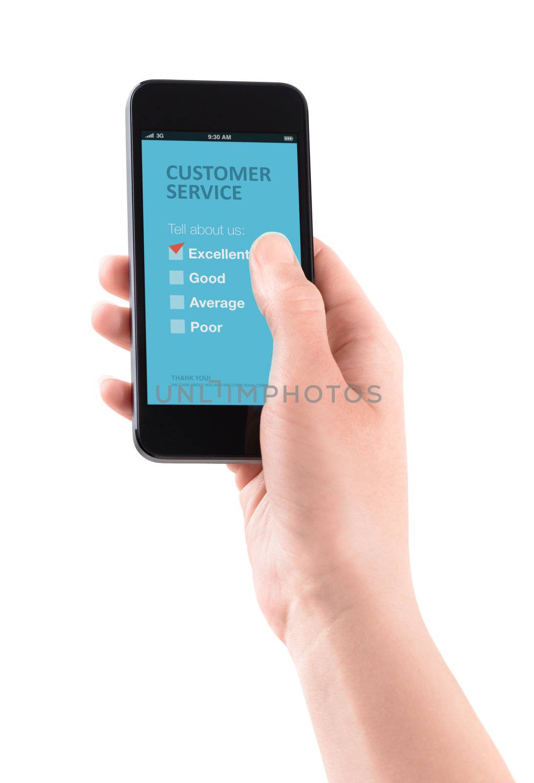 Female hand holding modern smartphone with customer service survey form on a screen. Red tick on excellent choice showing customer satisfaction.