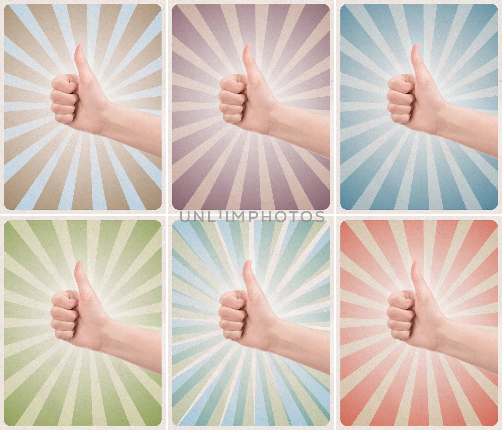 Set of six retro styled or vintage template posters with thumb up success gesture on a different textured grunge backgrounds.
