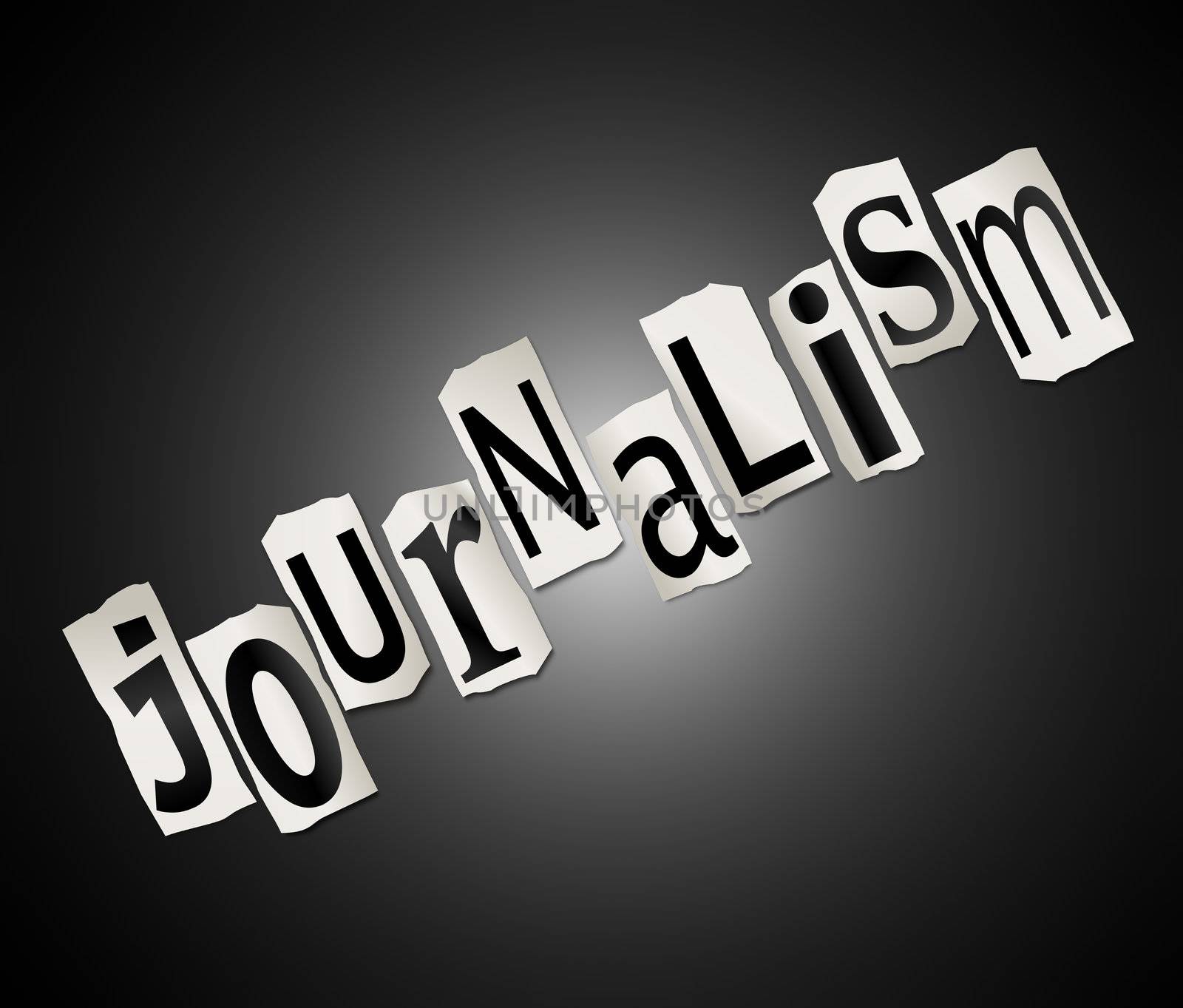 Illustration depicting cut out letters arranged to form the word journalism.