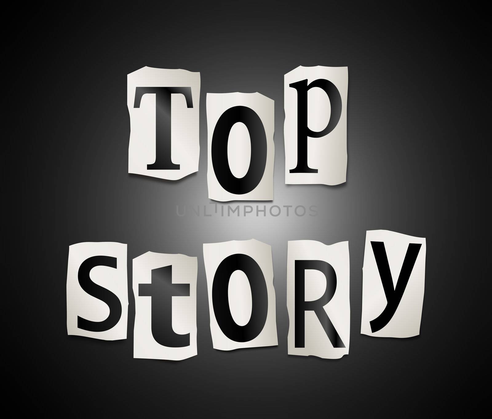 Illustration depicting cut out letters arranged to form the words top story.