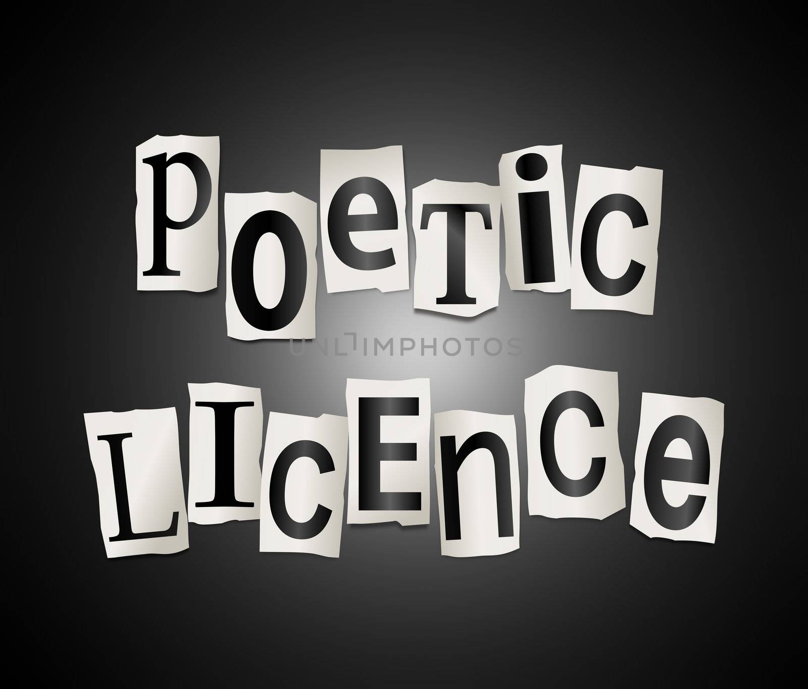 Illustration depicting cut out letters arranged to form the words poetic licence.