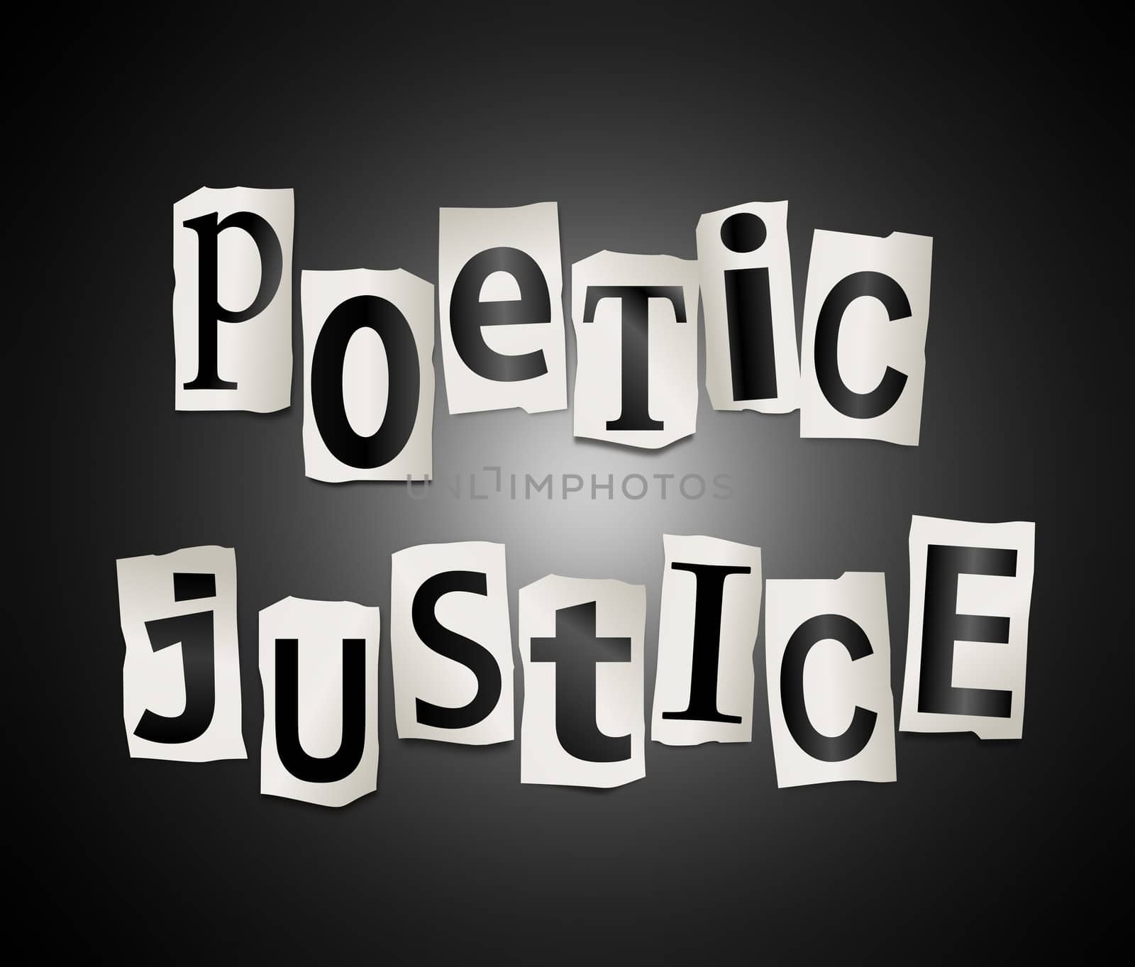 Illustration depicting cut out letters arranged to form the words poetic justice.