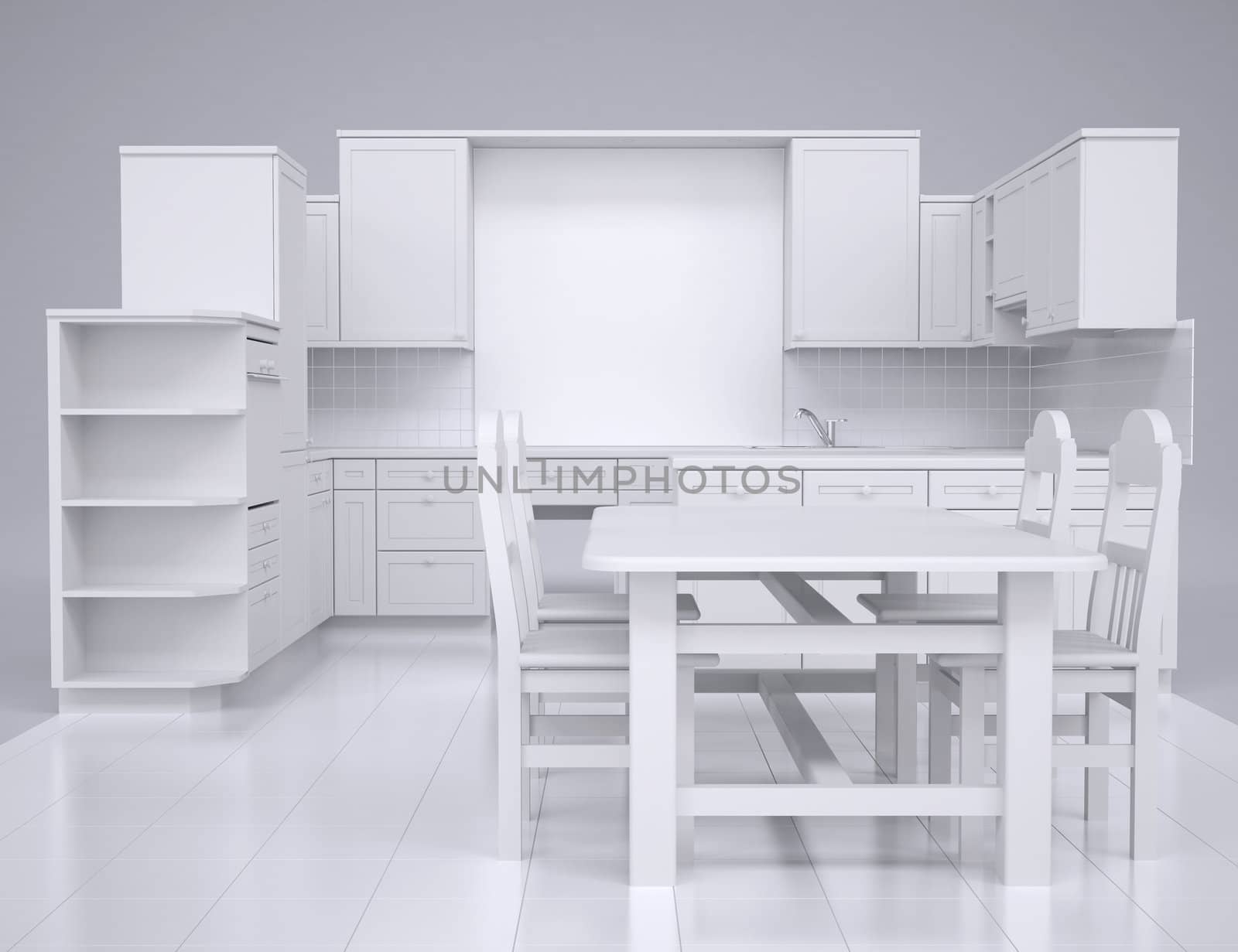 White kitchen. Render in the studio on a gray background