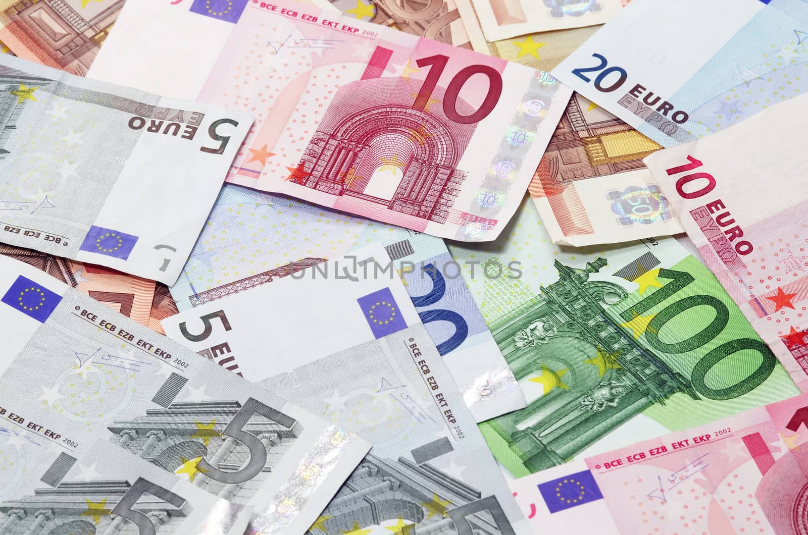 Money background (Euro banknotes on a table), close up image