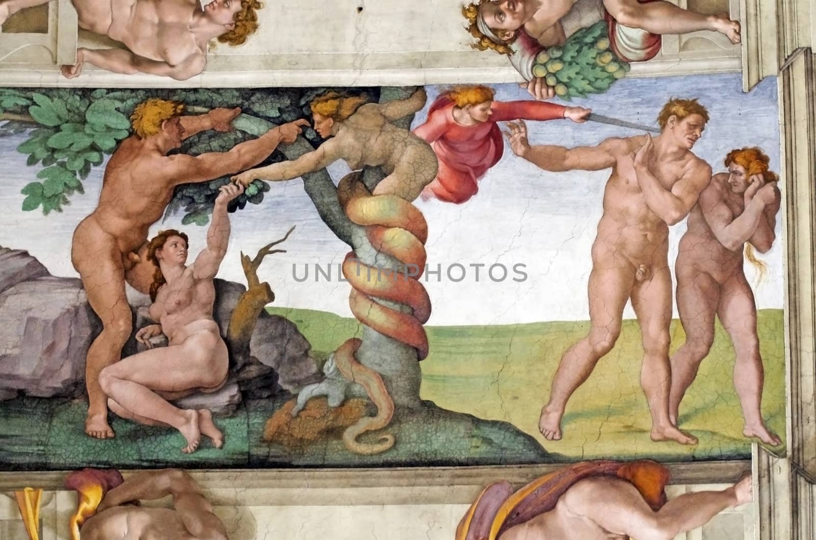 ROME, ITALY - MARCH 08: Interior view of Sistine Chapel with Michelangelo's frescoes: Adam fall scene on March 08, 2011 in Rome, Italy