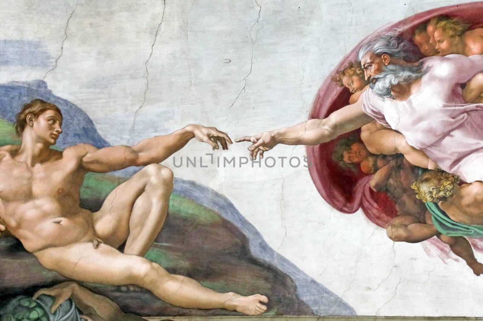 ROME, ITALY - MARCH 08: Michelangelo's masterpiece: The Creation of Adam in Sistine Chapel, Vatican Museum on March 08, 2011 in Rome, Italy