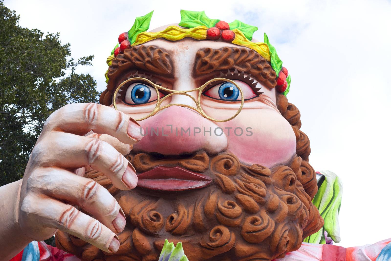 Close up of a carnival float in Malta, showing a man with beard