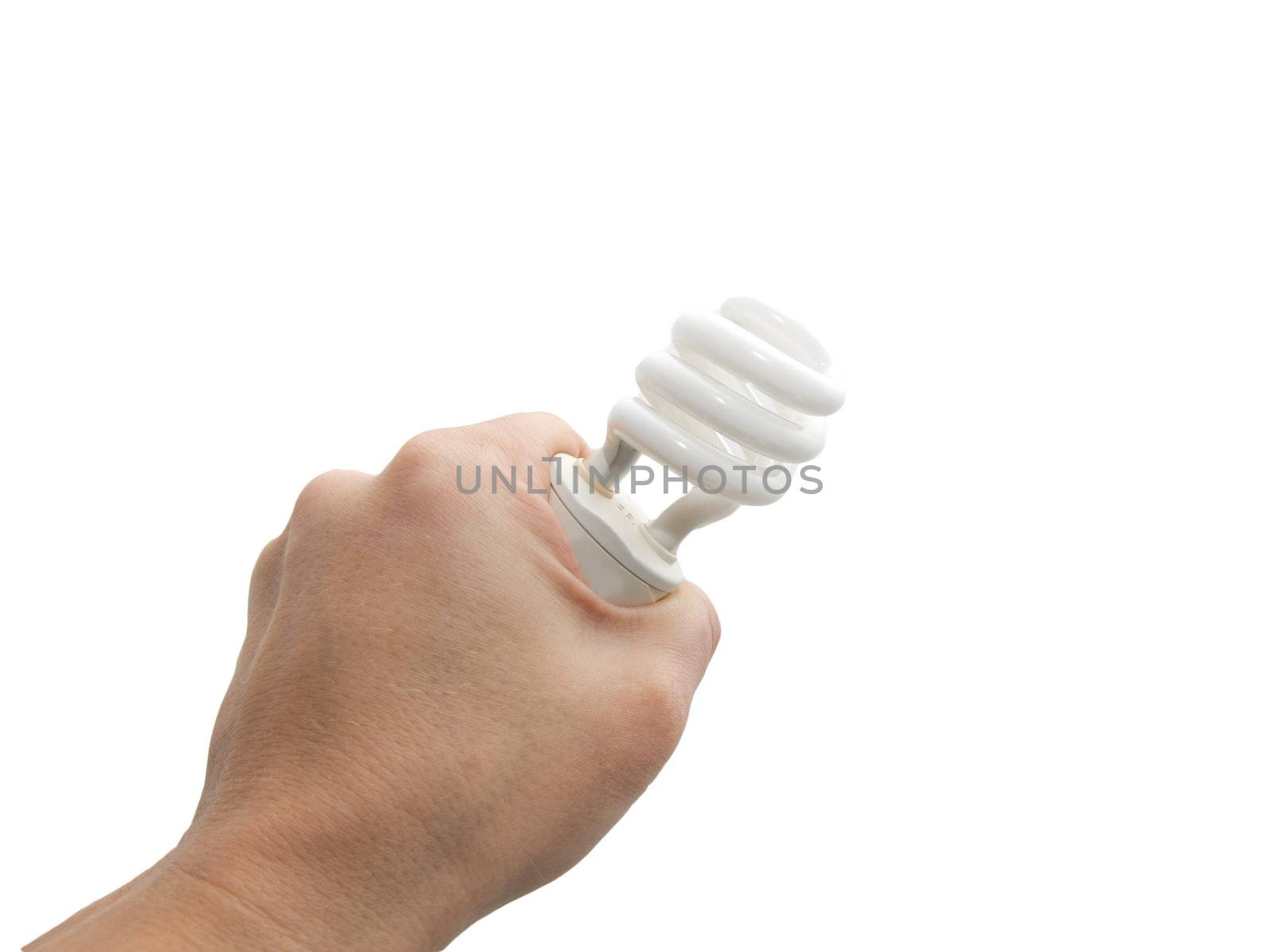 Arm holding energy saving lamp isolated on white 