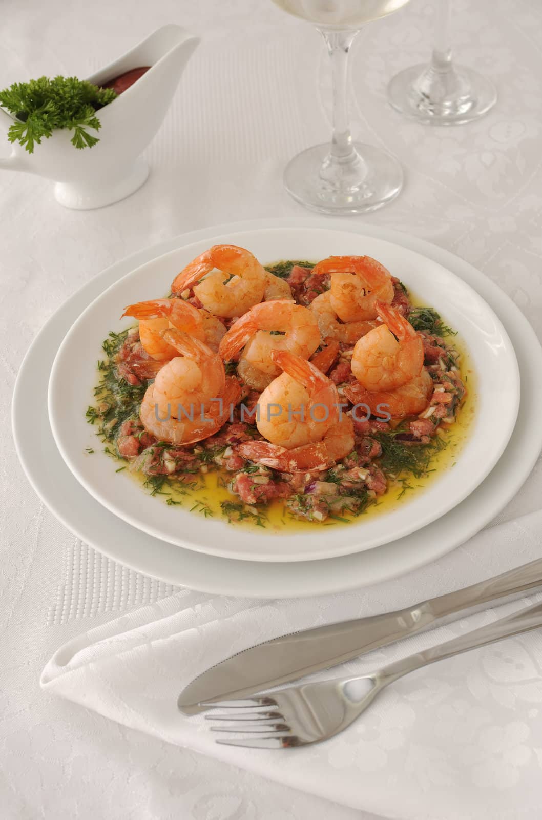 Grilled shrimp with tomatoes, garlic and herbs by Apolonia
