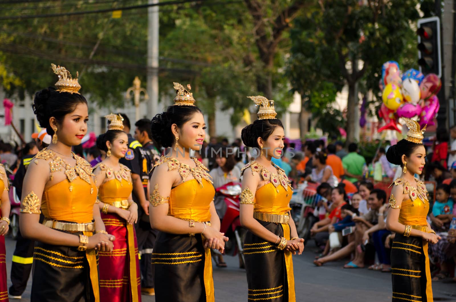 Phetchaburi, Thailand - March 28th:participants in Phranakhonkhiri festival parade 2013 on public street in front of Khao Wang  Phetchaburi on March 28th, 2013 in Phetchaburi Province, Thailand. 