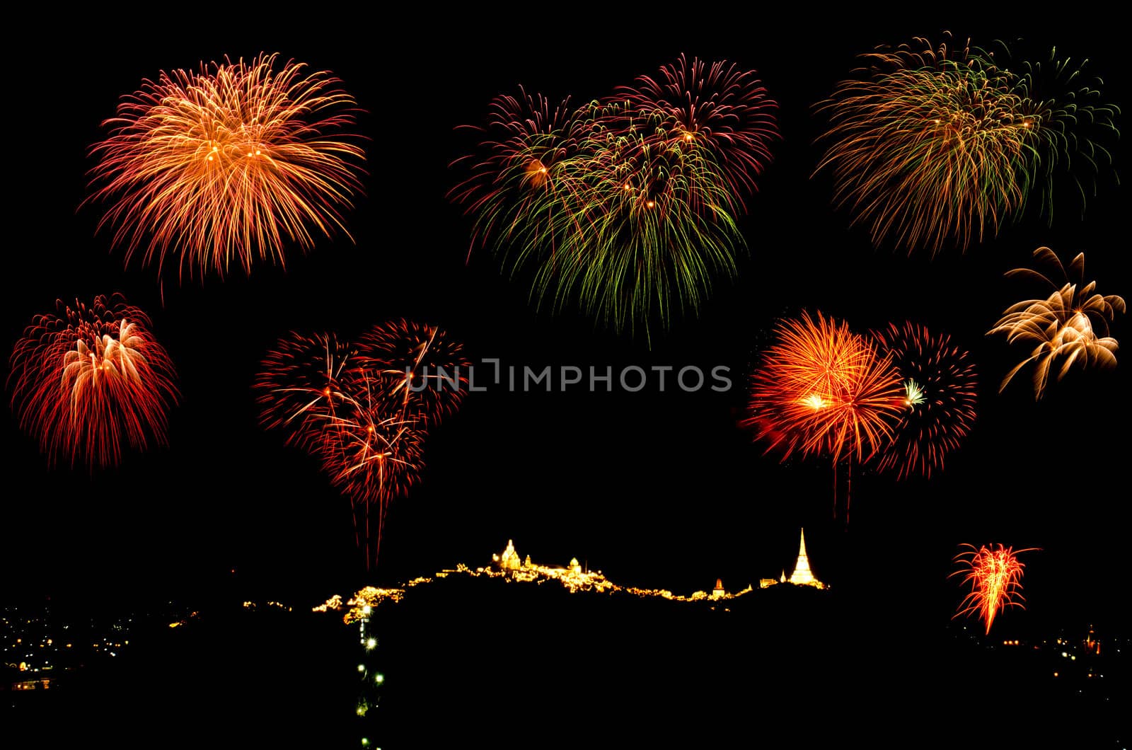 fireworks display above Thai temple on the hill at Khao Wang  Phetchaburi,Thailand