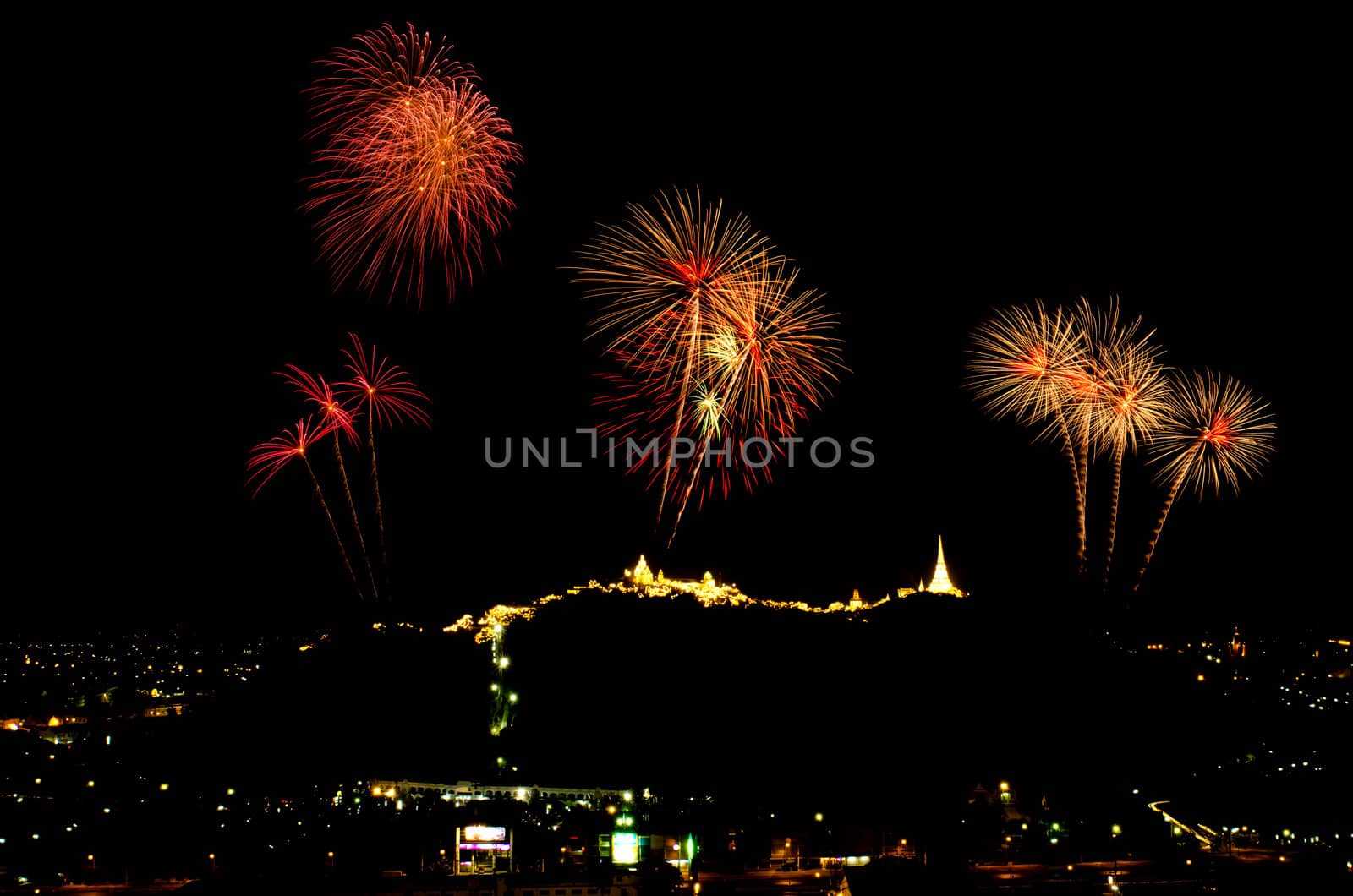 fireworks display above Thai temple on the hill at Khao Wang  Phetchaburi,Thailand