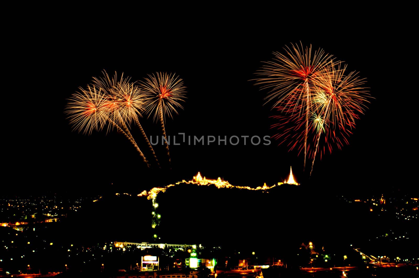 fireworks display above Thai temple on the hill at Khao Wang  Phetchaburi,Thailand