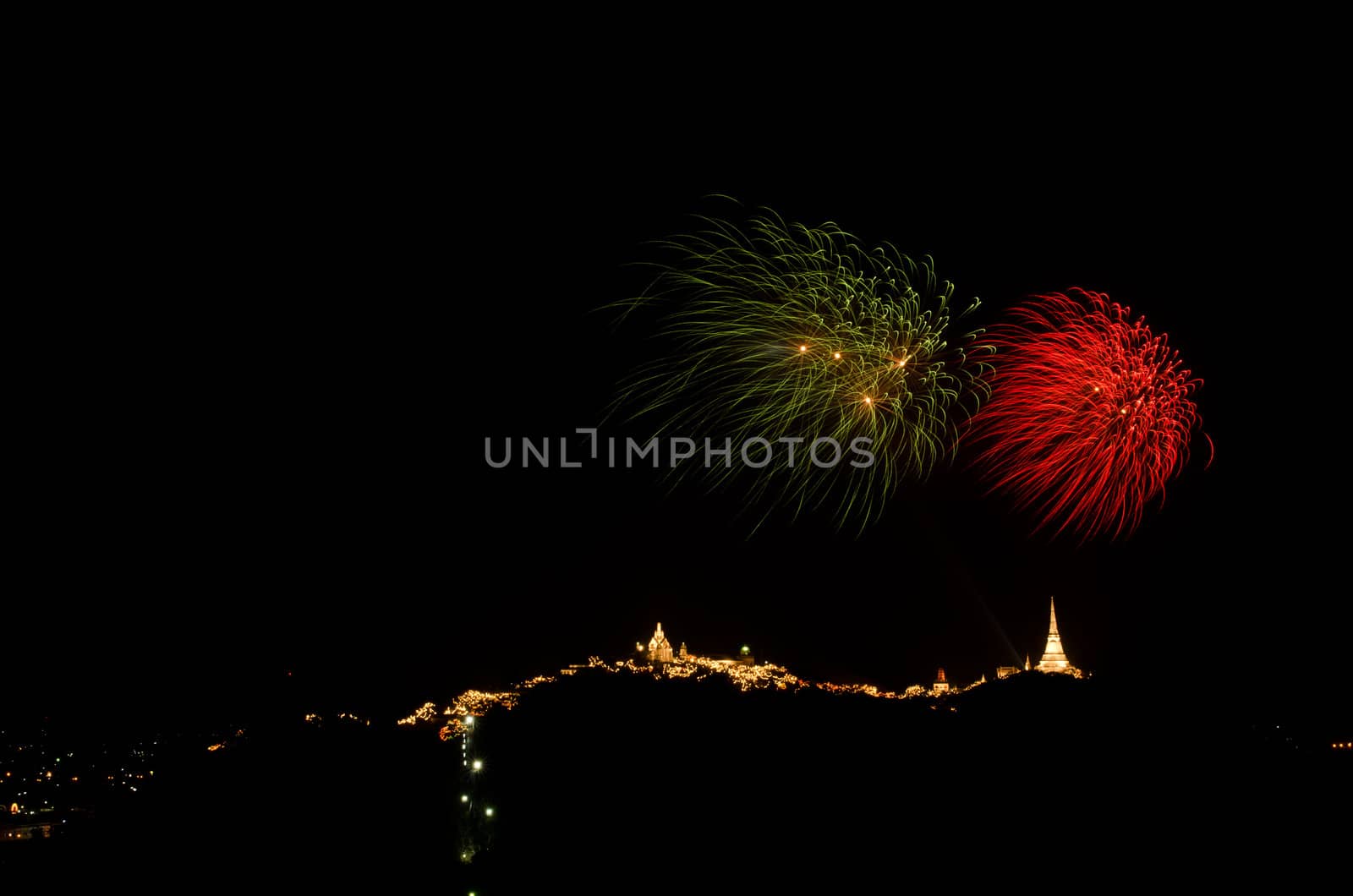 fireworks display above Thai temple on the hill at Khao Wang  Phetchaburi,Thailand