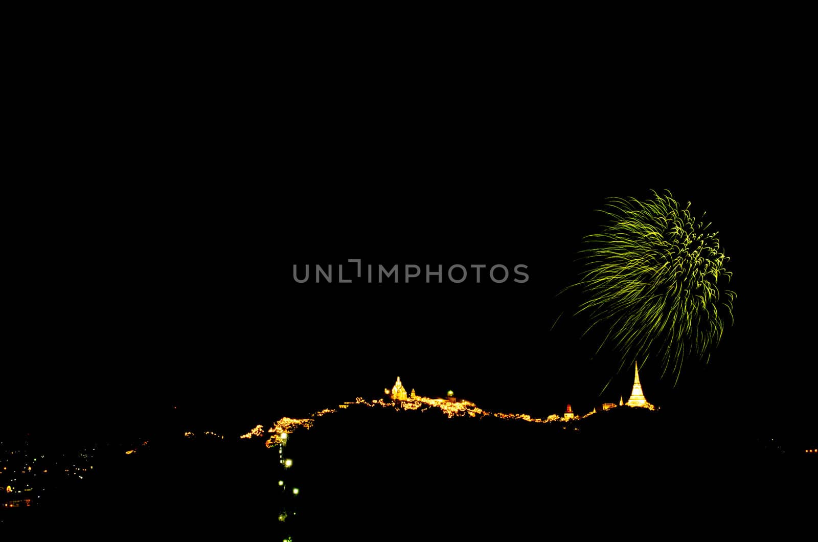 fireworks display above Thai temple on the hill at Khao Wang  Phetchaburi,Thailand