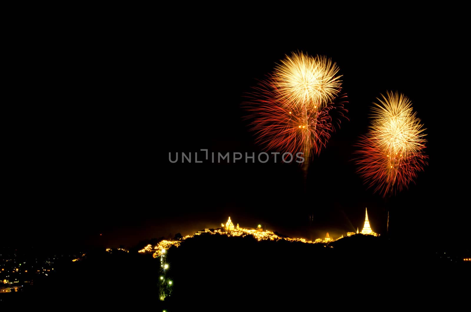 fireworks display above Thai temple on the hill at Khao Wang  Phetchaburi,Thailand