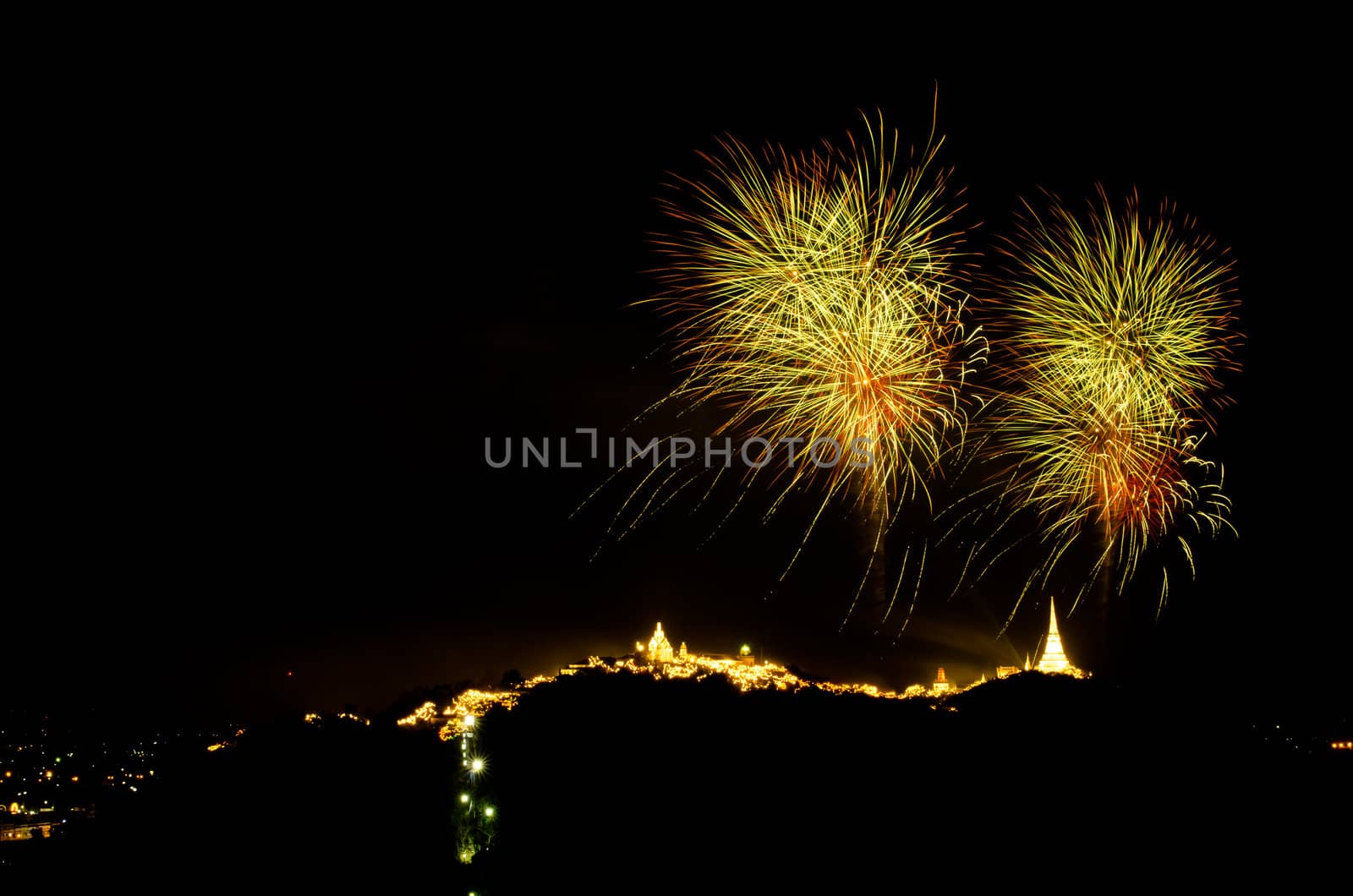 fireworks display above Thai temple on the hill at Khao Wang  Phetchaburi,Thailand