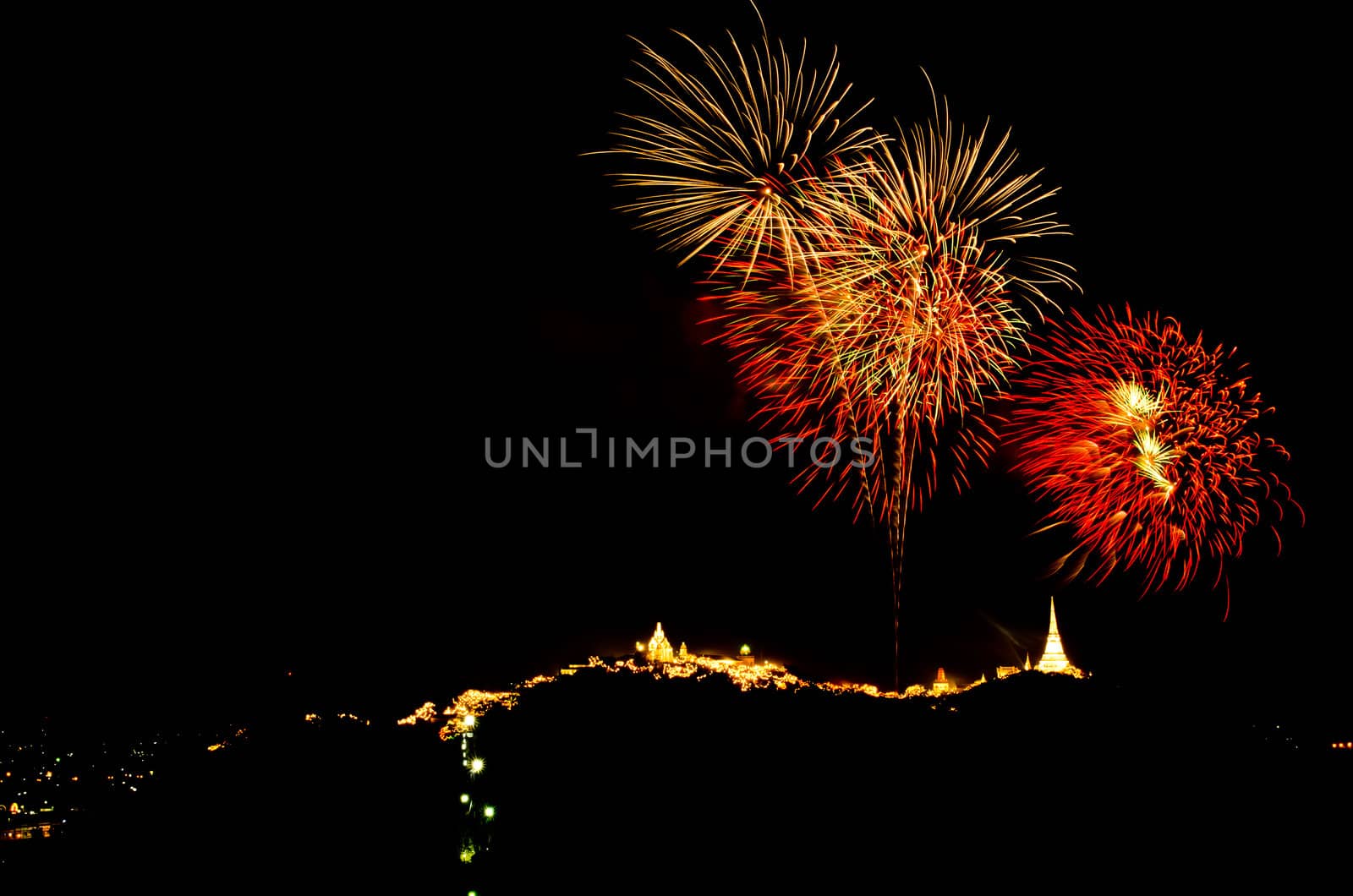 fireworks display above Thai temple on the hill at Khao Wang  Phetchaburi,Thailand