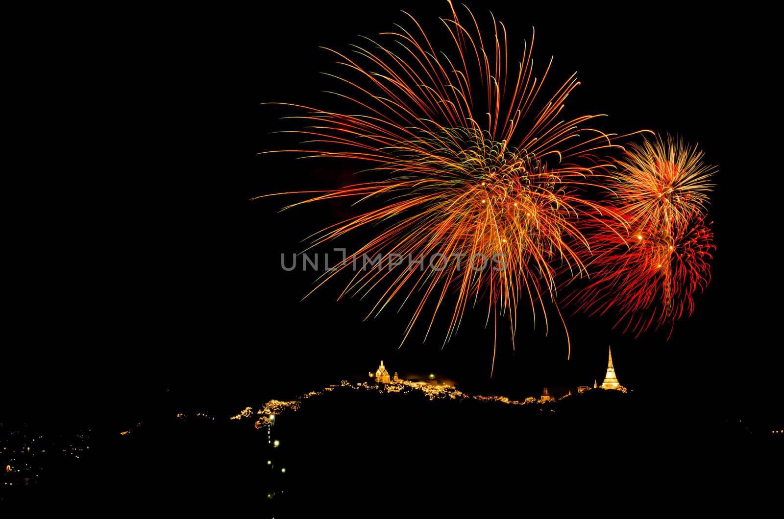 fireworks display above Thai temple on the hill at Khao Wang  Phetchaburi,Thailand