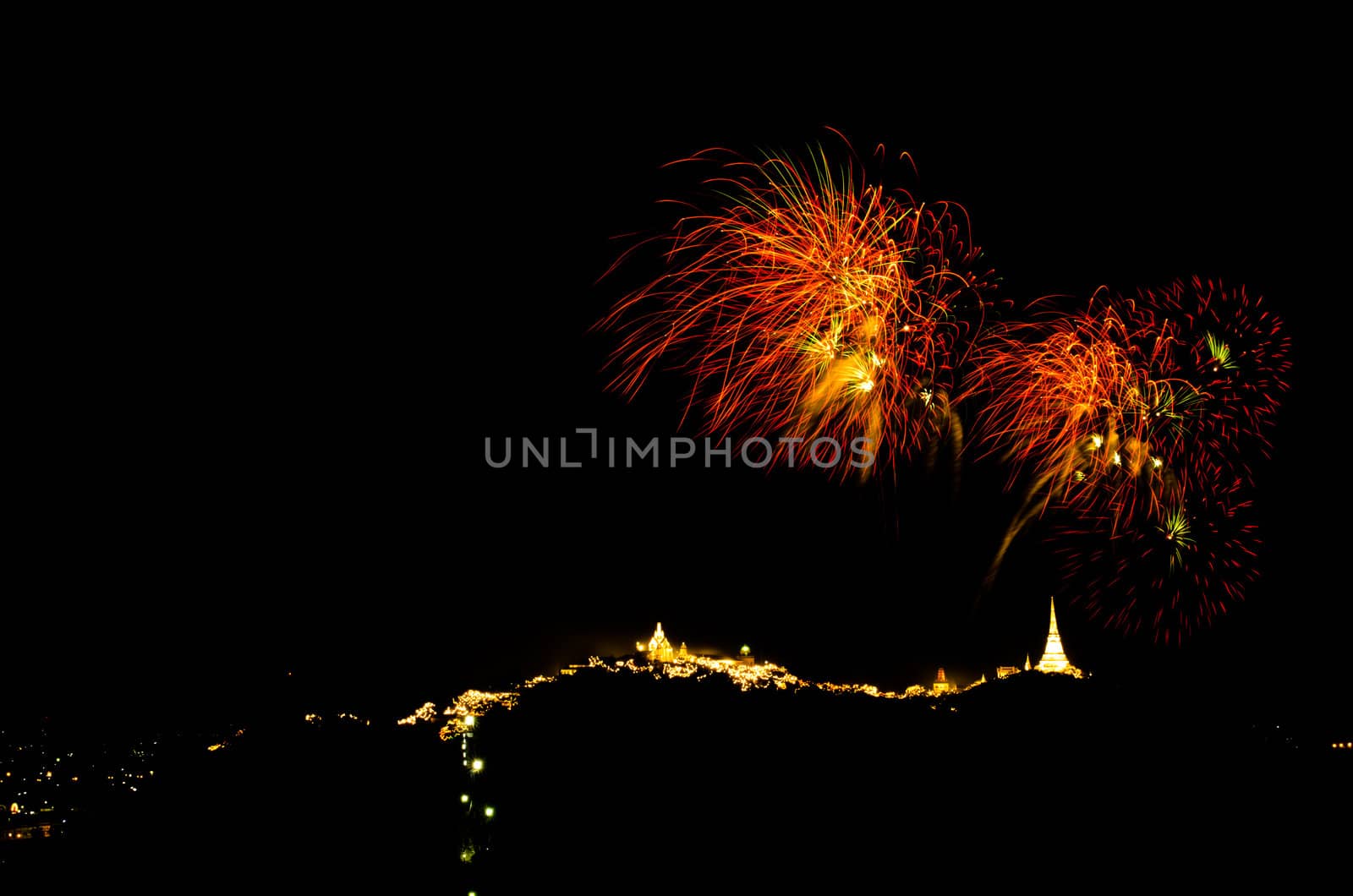 fireworks display above Thai temple on the hill at Khao Wang  Phetchaburi,Thailand