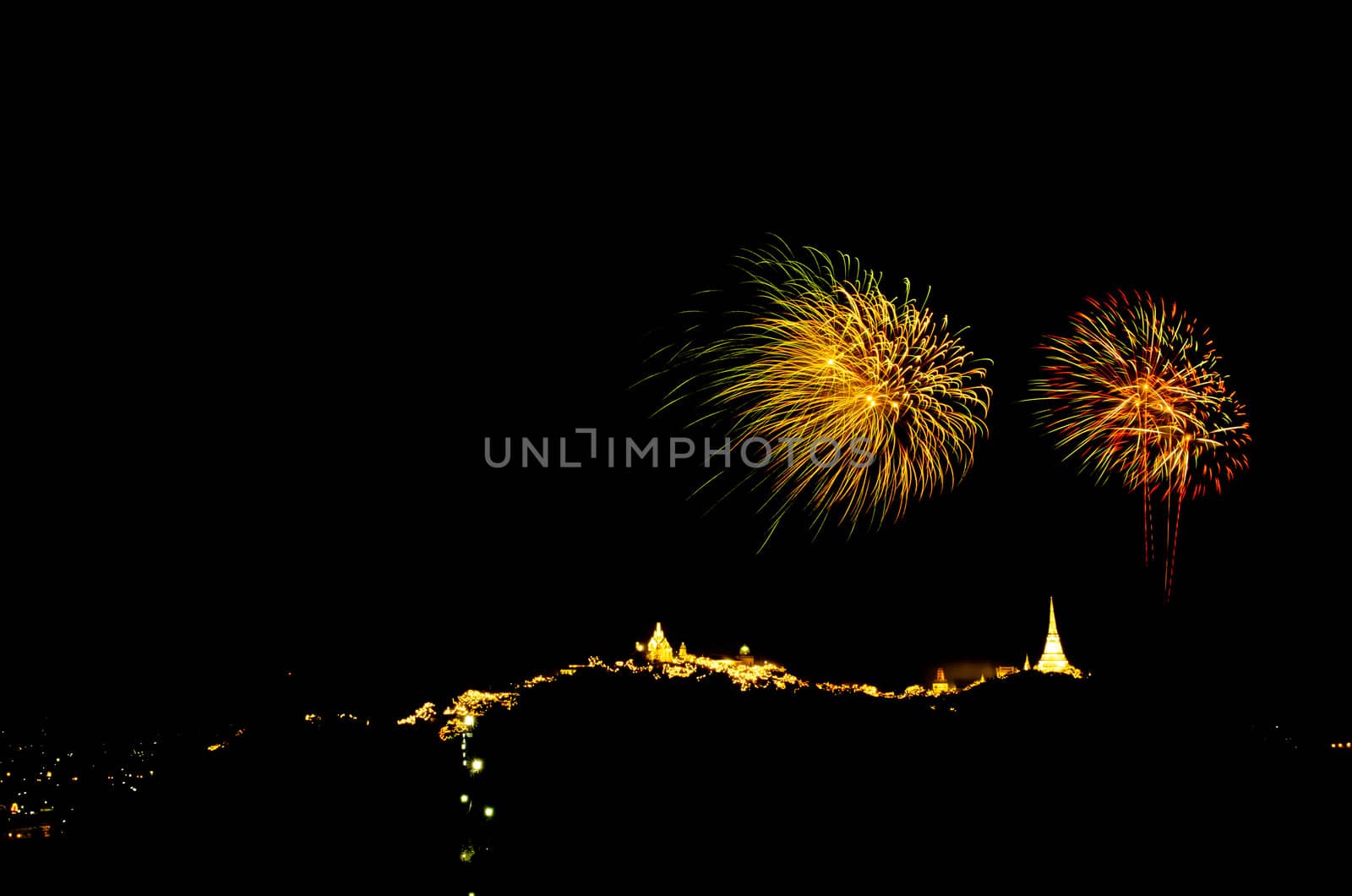 fireworks display above Thai temple on the hill at Khao Wang  Phetchaburi,Thailand