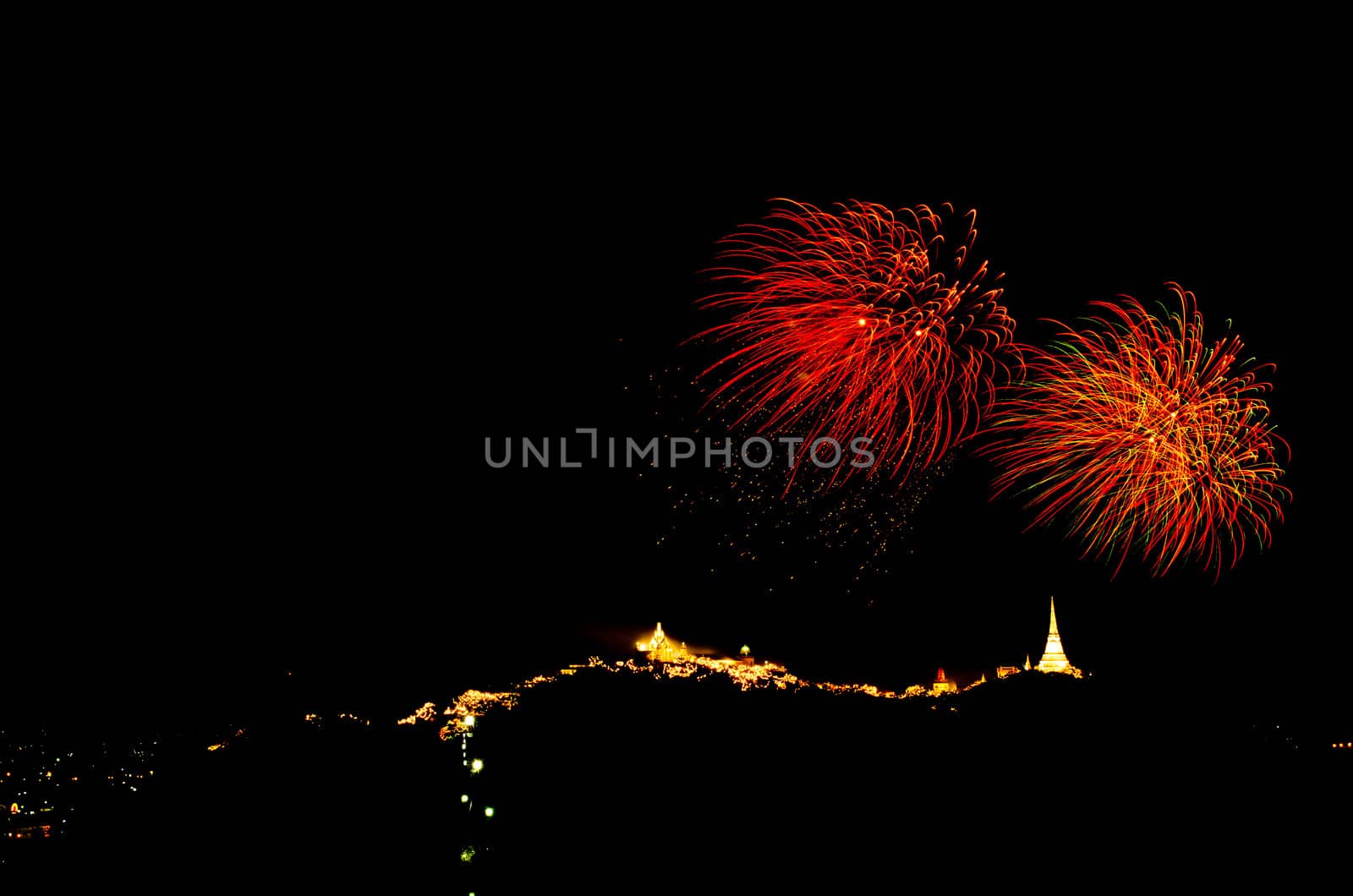 fireworks display above Thai temple on the hill at Khao Wang  Phetchaburi,Thailand