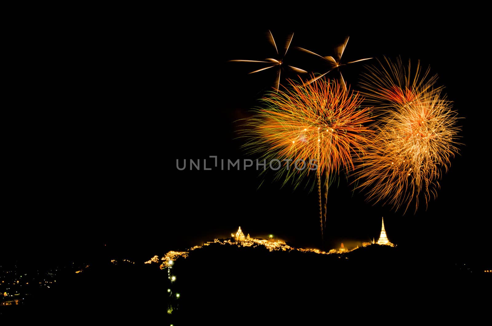 fireworks display above Thai temple on the hill at Khao Wang  Phetchaburi,Thailand