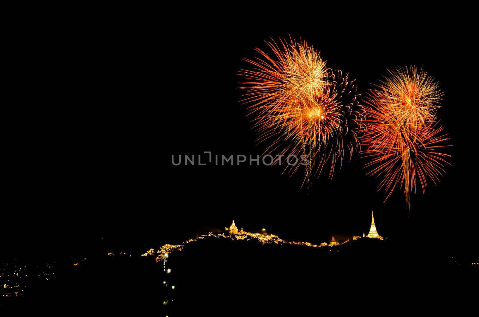 fireworks display above Thai temple on the hill at Khao Wang  Phetchaburi,Thailand