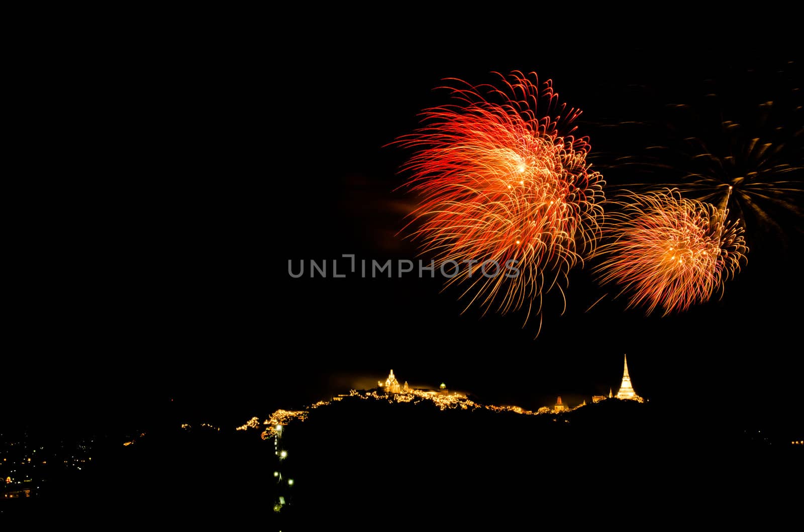 fireworks display above Thai temple on the hill at Khao Wang  Phetchaburi,Thailand