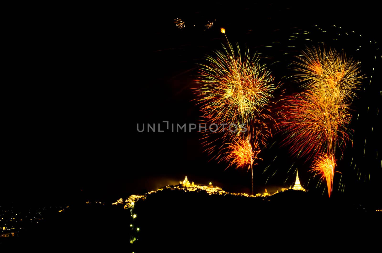 fireworks display above Thai temple on the hill at Khao Wang  Phetchaburi,Thailand