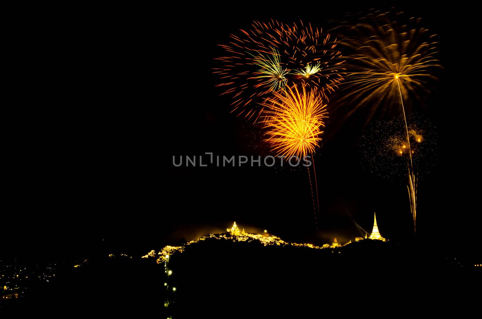 fireworks display above Thai temple on the hill at Khao Wang  Phetchaburi,Thailand