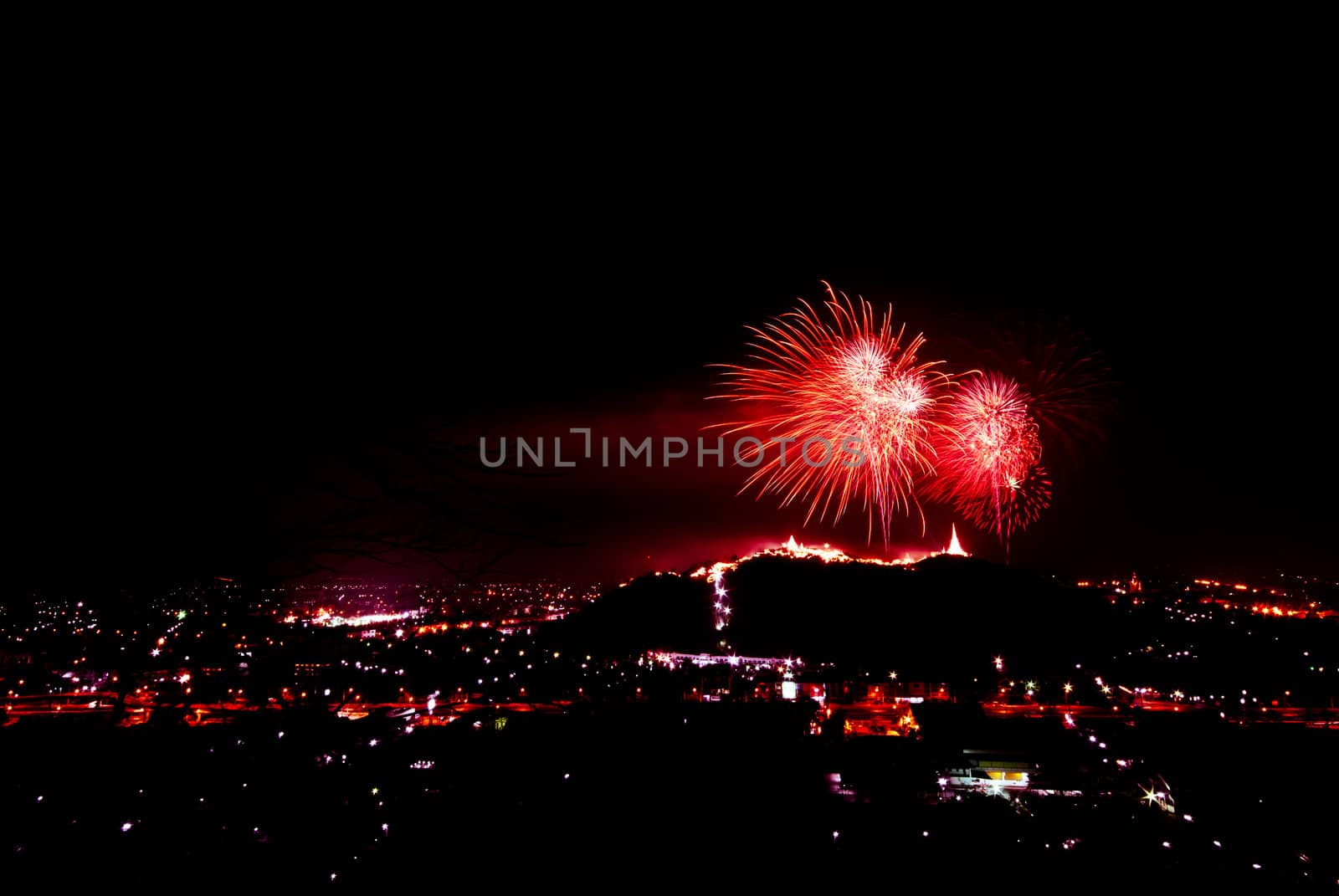 fireworks display above Thai temple on the hill at Khao Wang  Phetchaburi,Thailand