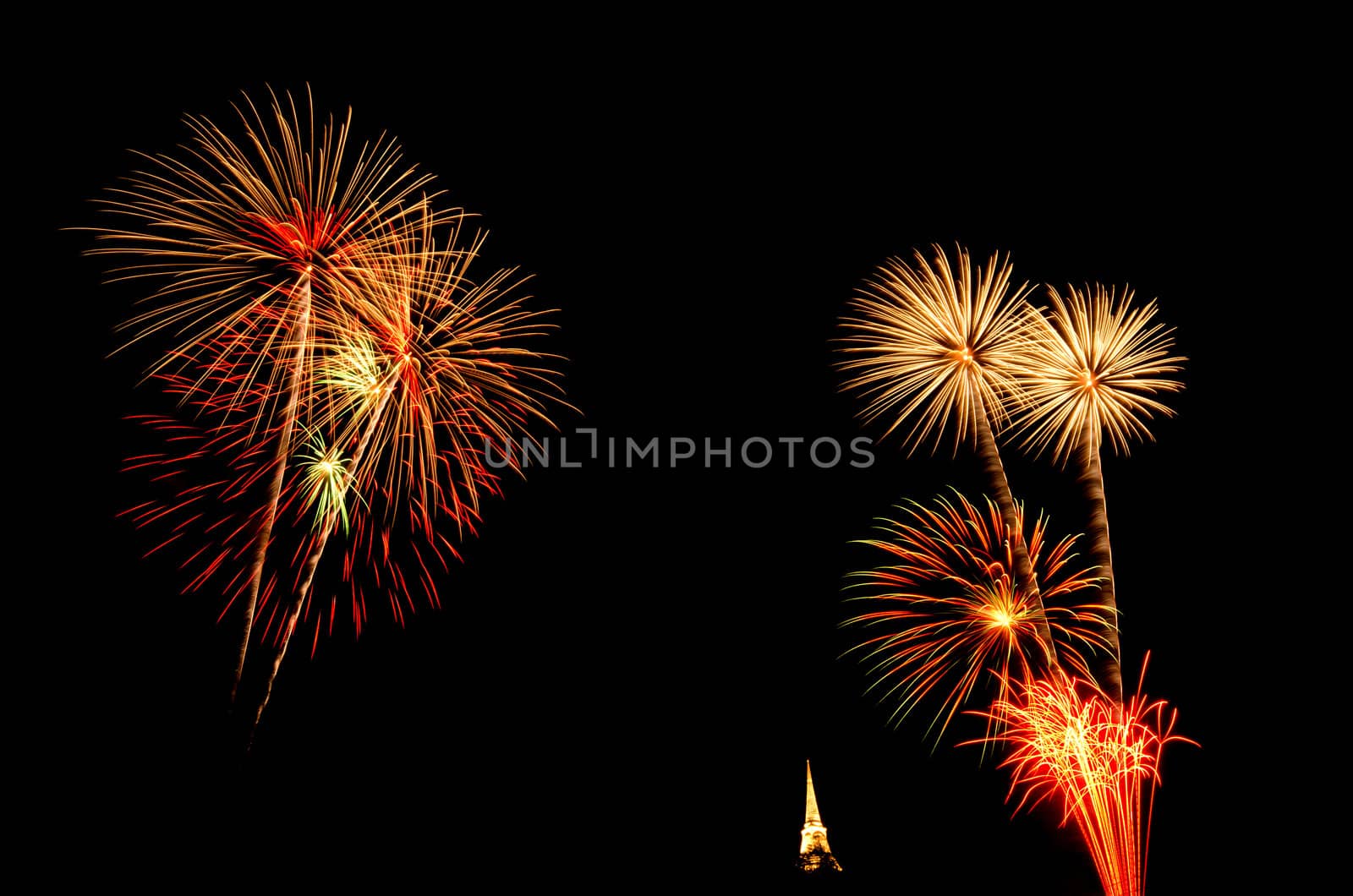 fireworks display above Thai pagoda at Khao Wang  Phetchaburi,Thailand