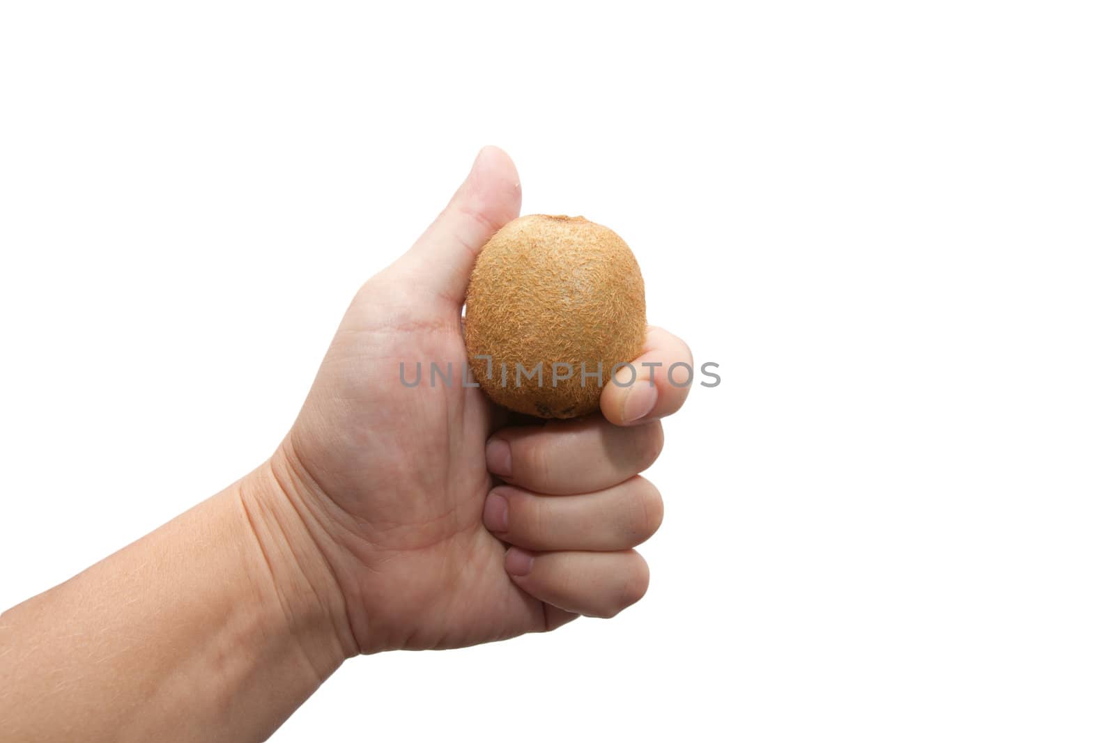 kiwi fruit in his hand on a white background